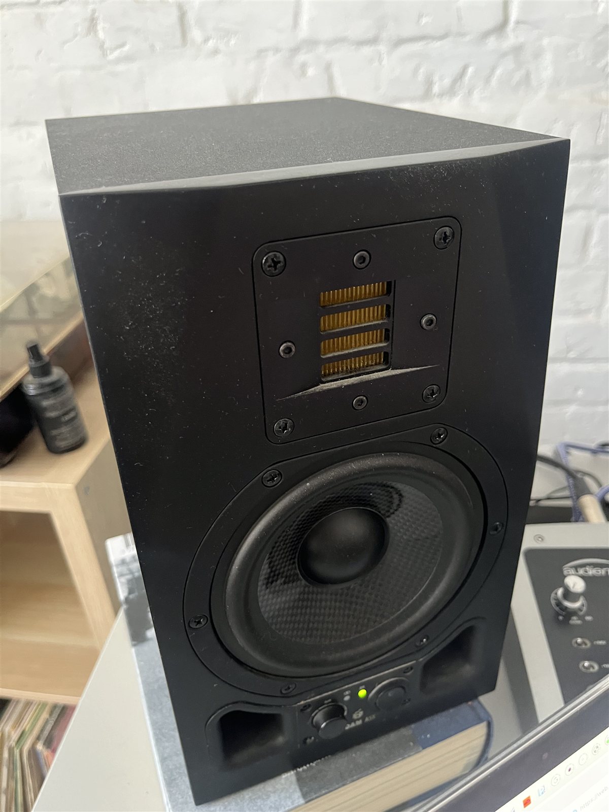 Angled view of an ADAM Audio studio monitor