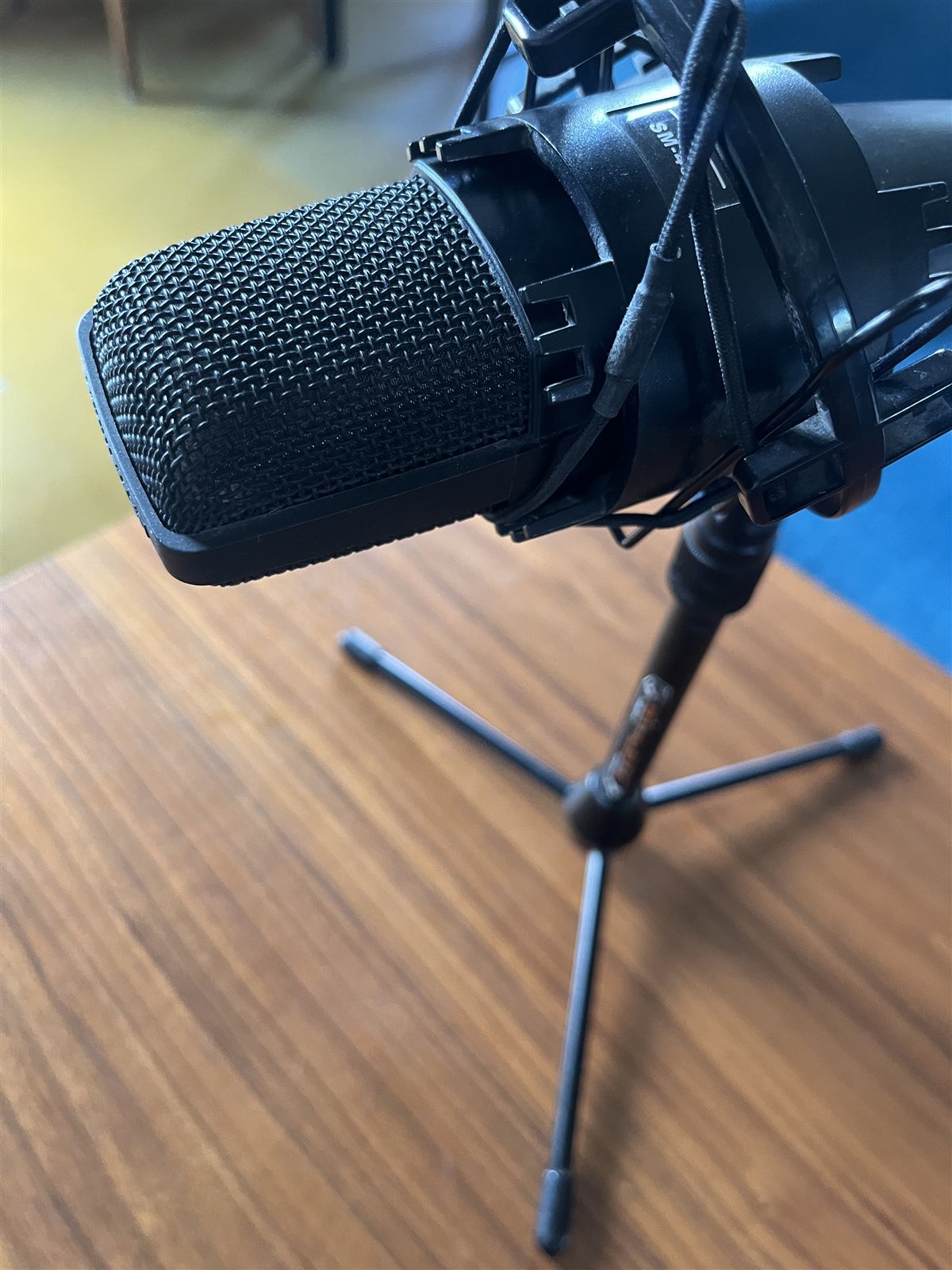 Side view of a studio microphone attached to a shock mount.